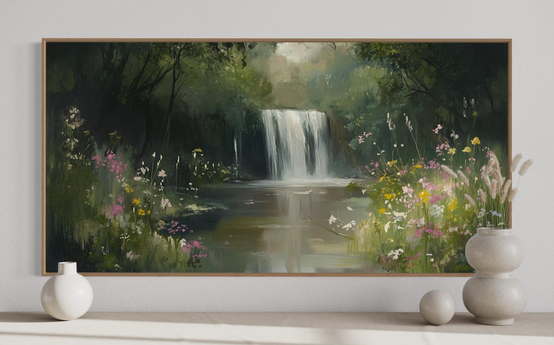 Moody Waterfall Lush Rainforest Wildflowers Calm River Poster - Image 5