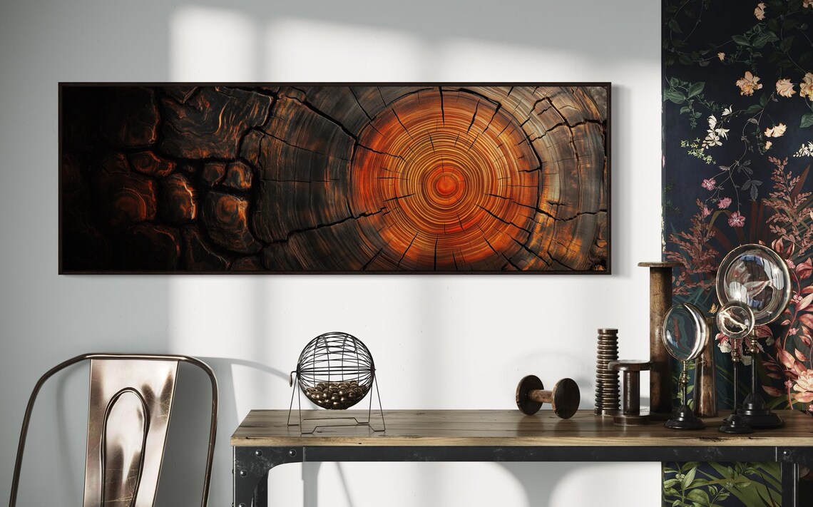 Earthy Tree Ring Panoramic Wall Art Abstract Nature Inspired Print For Above Bed Or Couch Decor Wood Texture And Tree Trunk Slice Art - Image 5