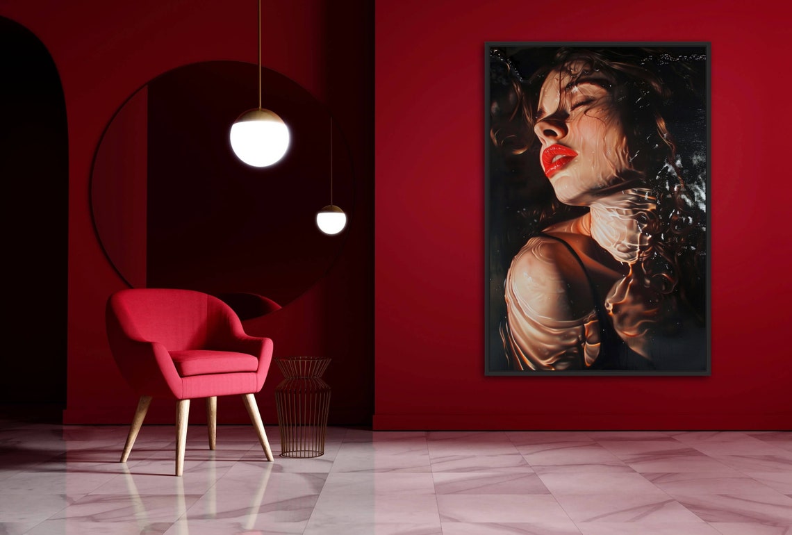 Sensual Female Portrait Water Effect Red Lips Hyperreal Art Poster - Image 3