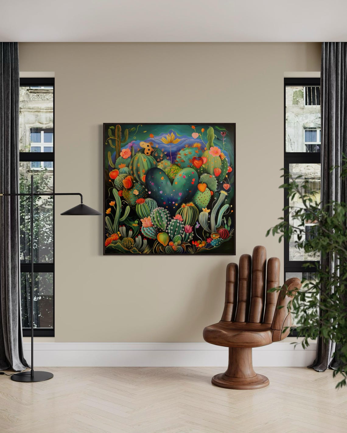 Whimsical Heart Shaped Cactus Garden Night Sky Desert Art Print - Image 3