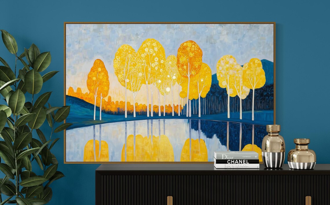 Golden Yellow Trees Lake Reflection Vibrant Abstract Nature Poster - Image 5