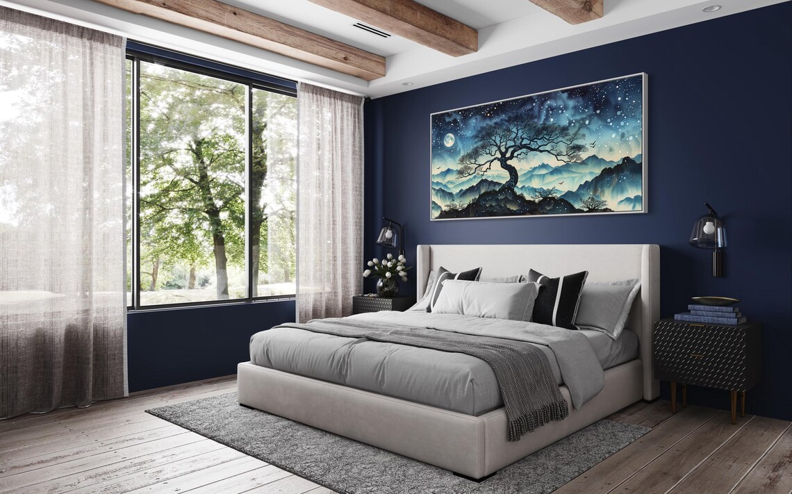 Dreamy Moonlit Landscape Atmospheric Celestial Painting Print With Old Oak Tree Modern Mountain Art For Above Bed Decor Panoramic Print - Image 5