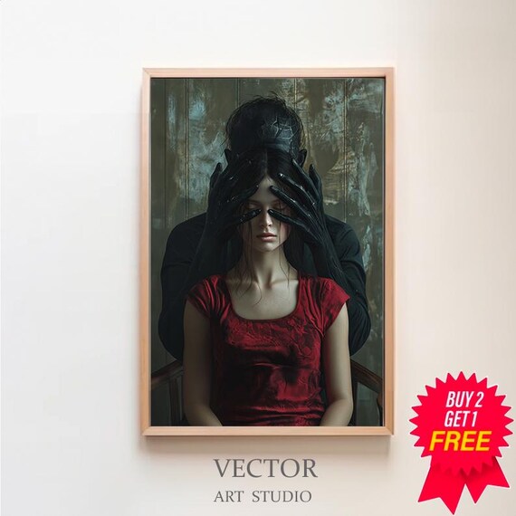 Devil Embrace Woman In Red Dress Dark Figure Behind Gothic Poster
