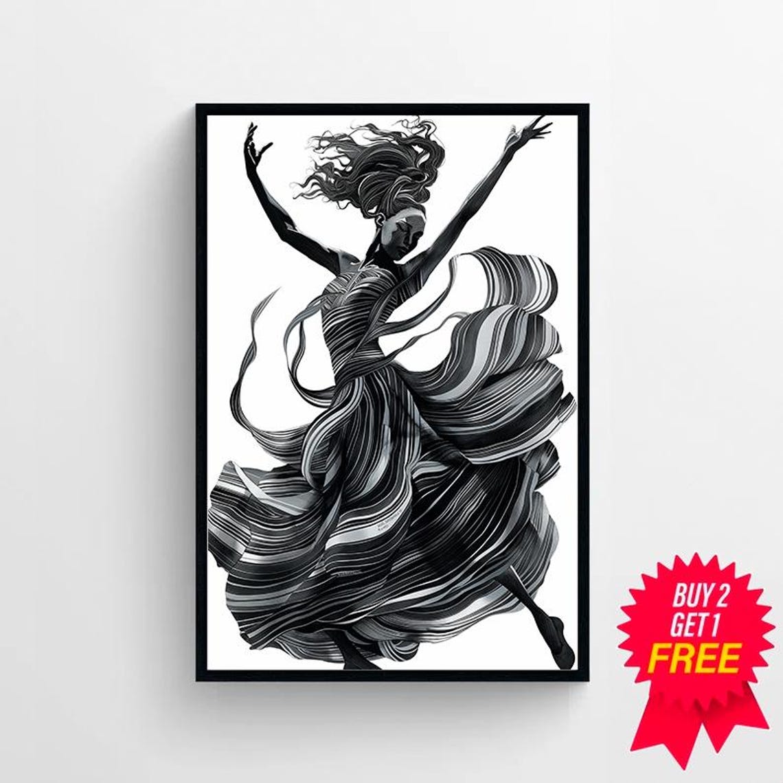 Black and White Dancer with Arms Raised in a Striped Gown Poster - Image 4