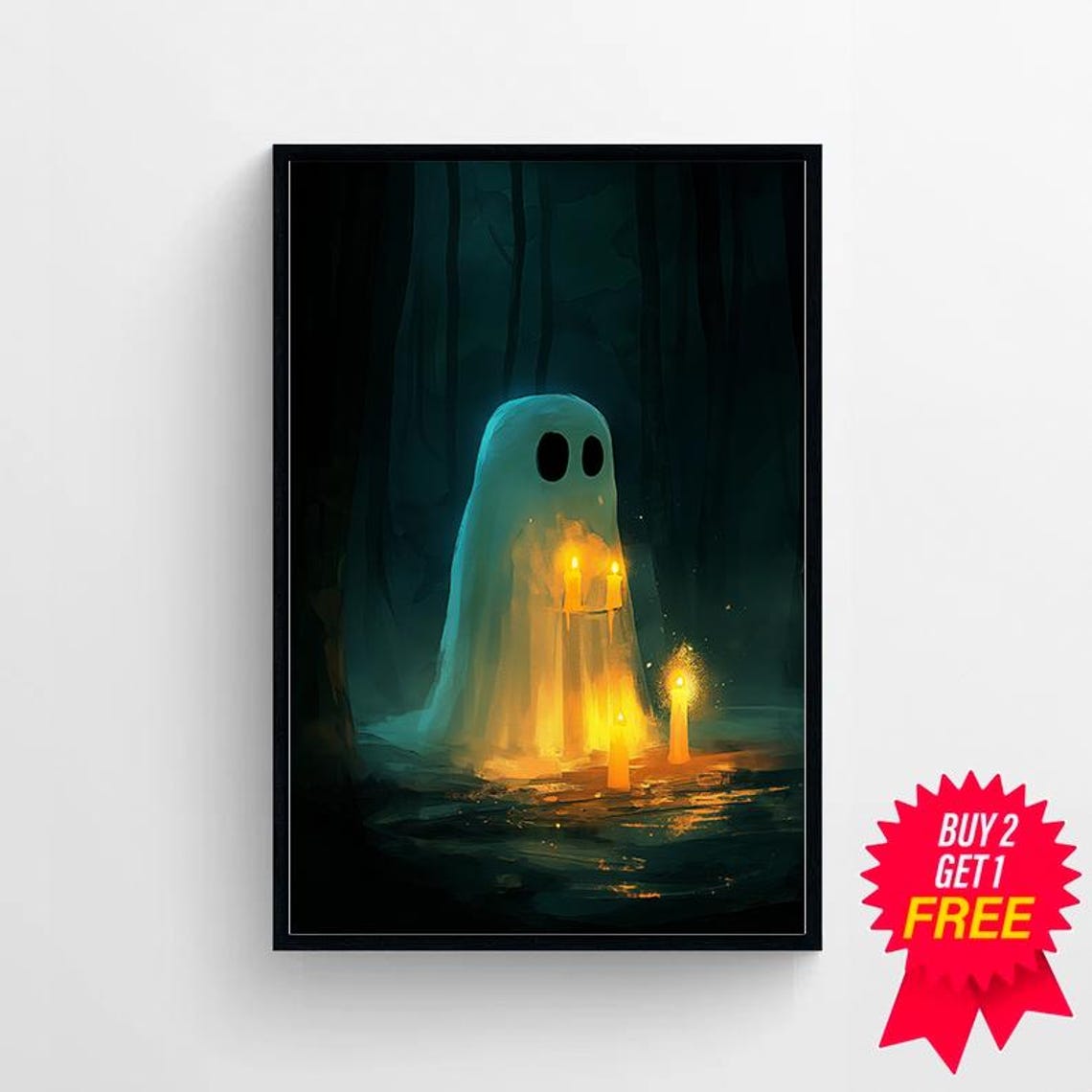 Cute Little Ghost with Candles Glowing in a Dark Forest Poster - Image 4