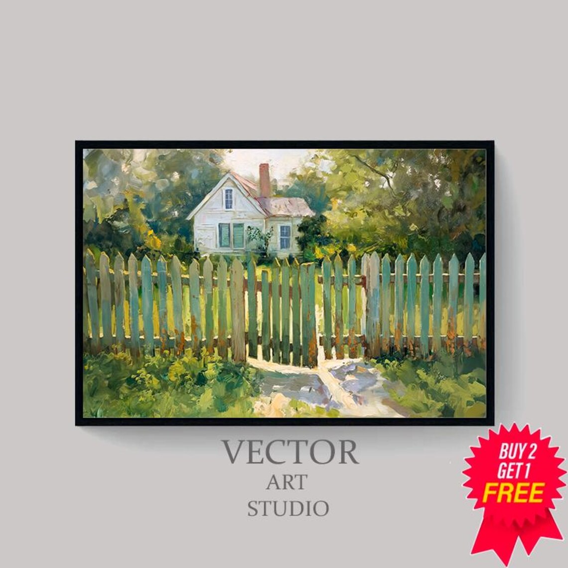 White Farmhouse Behind Picket Fence Sunny Countryside Art Poster - Image 4