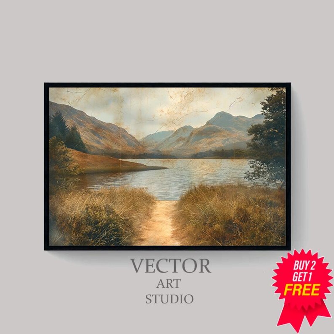 Autumn Mountain Lake with Golden Path Vintage Landscape Poster - Image 4