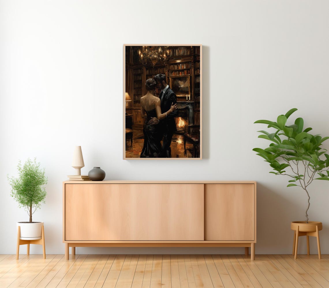 Lovers In Library Art Painting Couple Art Dark Academia Print Dark Oil Painting Gothic Decor For Book Lovers Moody Wall Art - Image 2