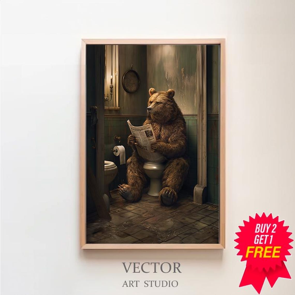 Brown Bear Reading Newspaper on Toilet Vintage Bathroom Poster