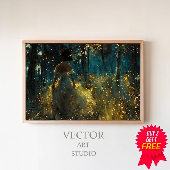Woman in Gown Walking into Glowing Firefly Forest Night Poster