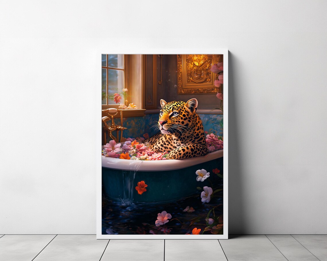 Leopard Lounging in a Flower-Filled Teal Bathtub Maximalist Animal Poster - Image 3