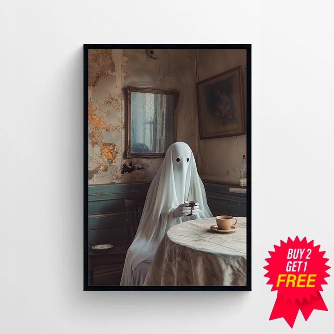 Lonely Sheet Ghost Drinking Coffee in Old Cafe Dark Academia Poster - Image 4