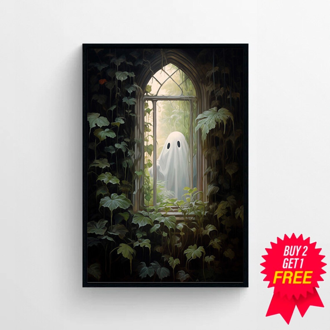 Ghost Behind a Tall Arched Glass Door in Wild Foliage Poster - Image 4