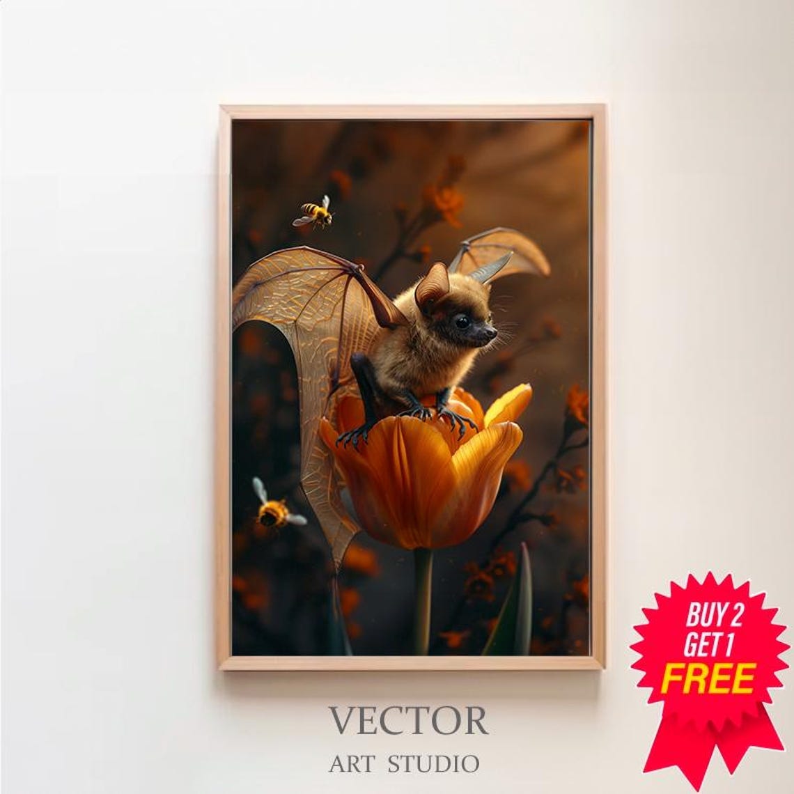 Baby Bat on Orange Tulip with Bees Whimsical Fantasy Art Poster