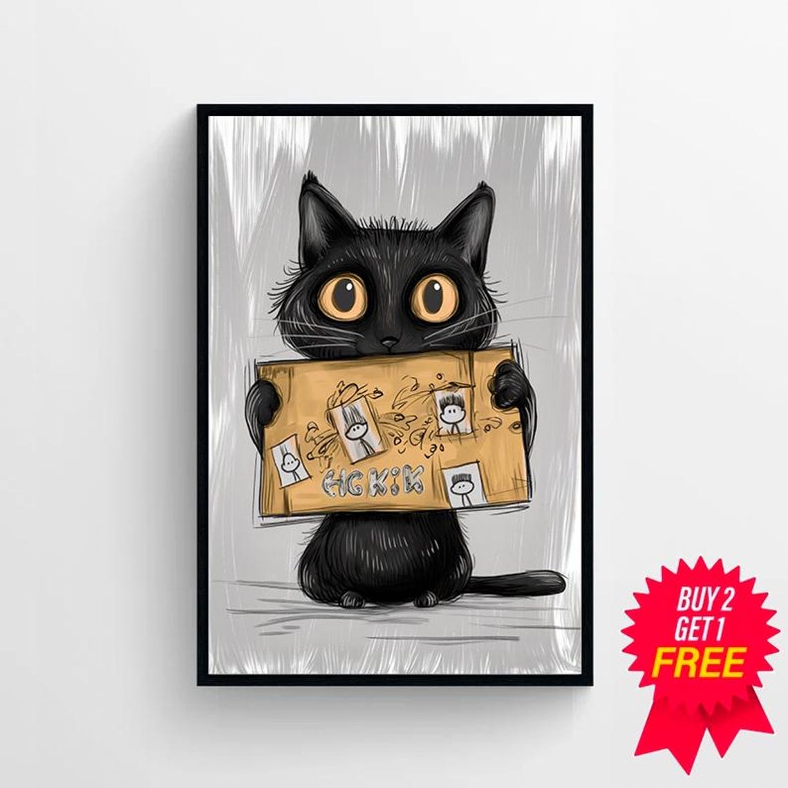 Funny Black Cat Holding Scribbled Cardboard Box Cute Cartoon Poster - Image 4