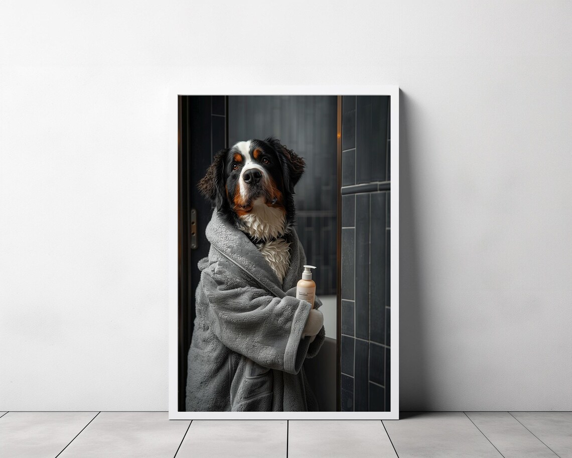 Bernese Mountain Dog in Bathrobe Holding Lotion Funny Bathroom Poster - Image 3
