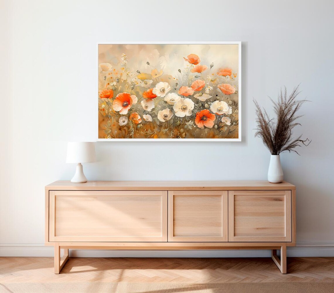 Coral Poppies Wildflower Meadow Soft Watercolor Floral Poster - Image 2