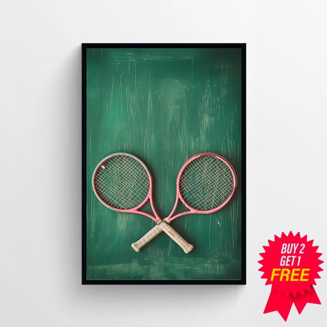 Two Pink Tennis Rackets Crossed on Vintage Green Chalkboard Poster - Image 4