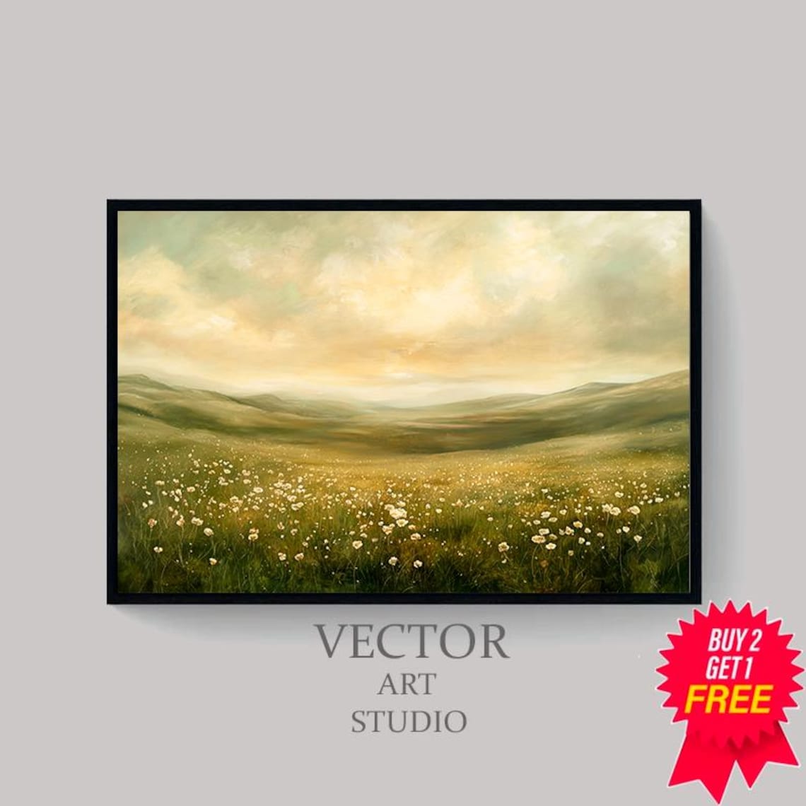 Golden Hour Wildflower Meadow with Rolling Hills Oil Painting Poster - Image 4