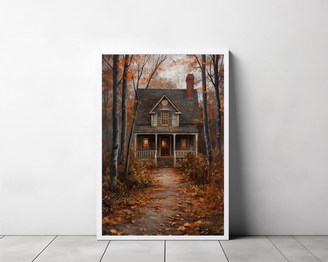 Cozy Cottage with Warm Porch Lights in an Autumn Forest Poster - Image 3