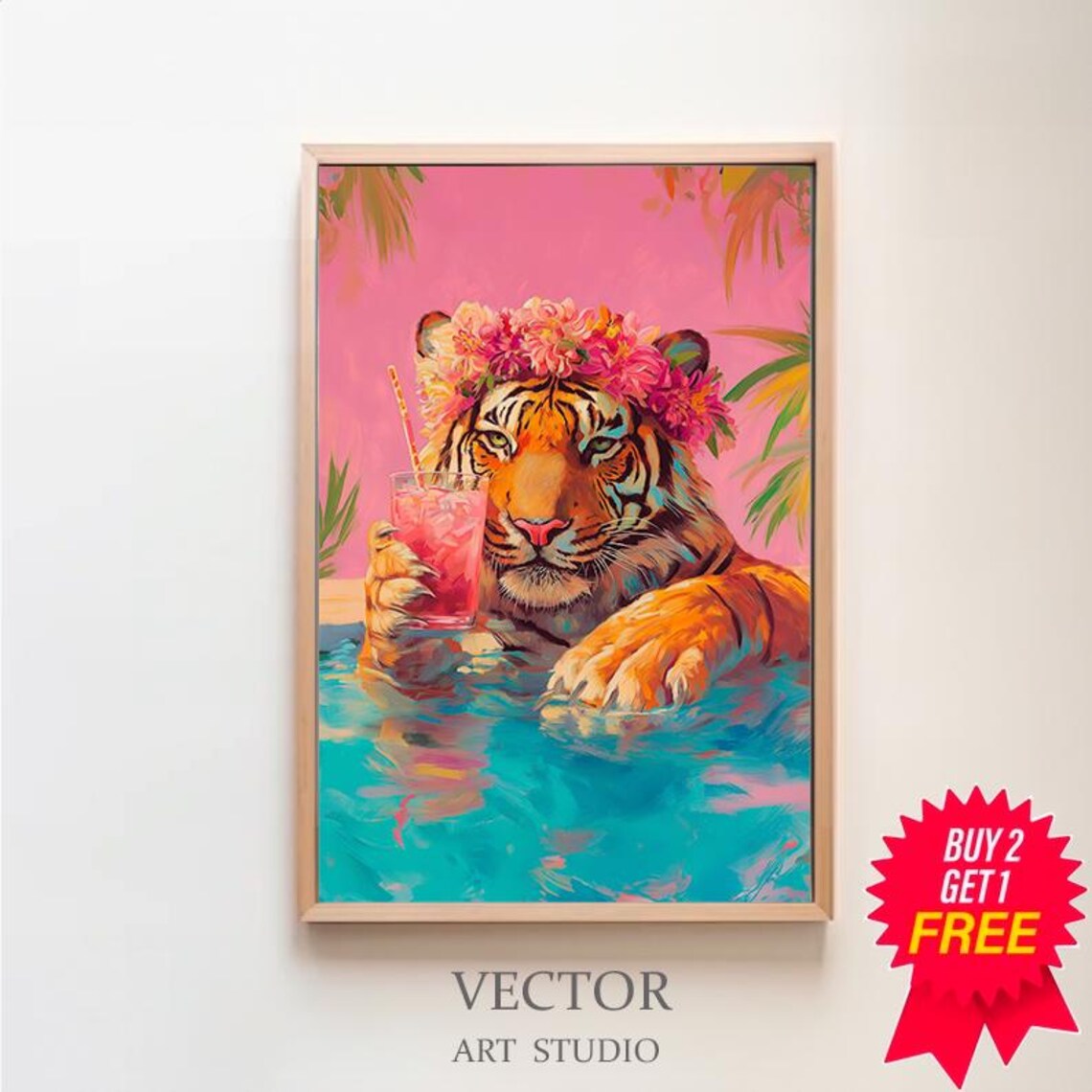 Tiger in Pool with Flower Crown Holding Pink Cocktail Poster