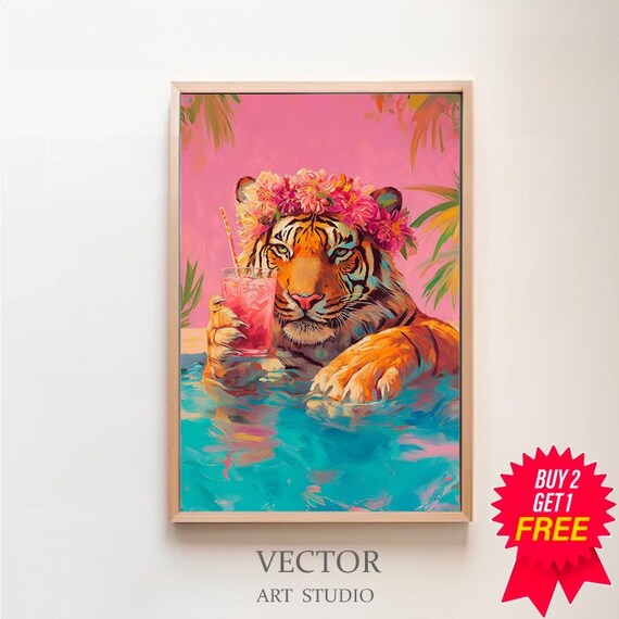 Tiger in Pool with Flower Crown Holding Pink Cocktail Poster