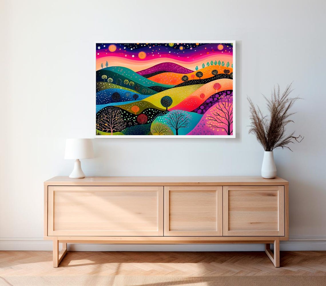 Colorful Rolling Hills Under a Sunset Abstract Landscape Poster - Image 2