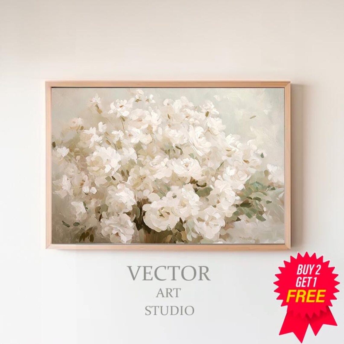 White Floral Oil Painting Soft Neutral Botanical Decor Art Print
