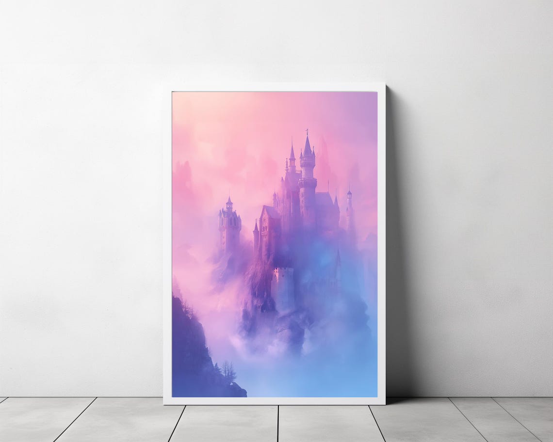 Pastel Pink Fairy Tale Castle Rising Through Dreamy Clouds Wall Art - Image 3