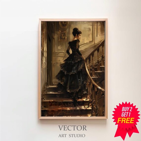 Elegant Lady Descending Golden Lit Staircase Baroque Style Poster