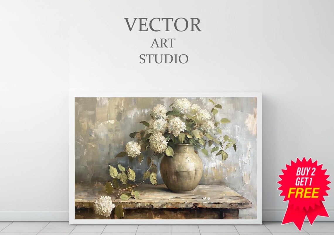 Hydrangeas in Vintage Vase, Muted Floral Art Print - Image 3