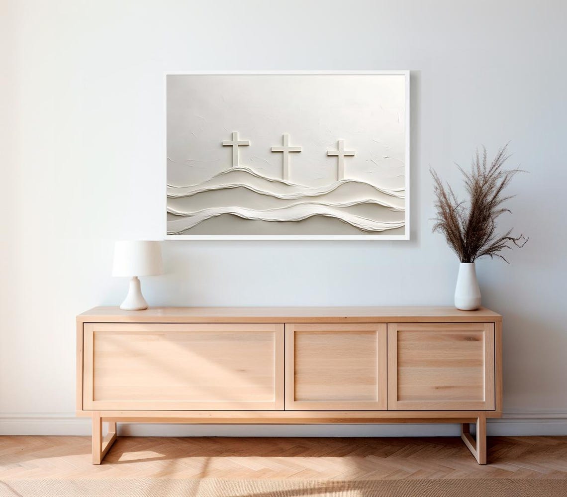 Three White Crosses Above Wavy Hills Minimalist Easter Poster - Image 2