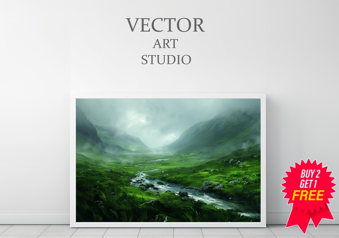 Misty Emerald Green Glen With Winding River Ireland Art Poster - Image 3