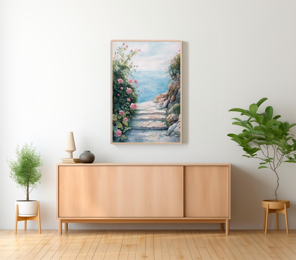 Stone Garden Steps With Pink Roses Overlooking the Sea Poster - Image 2