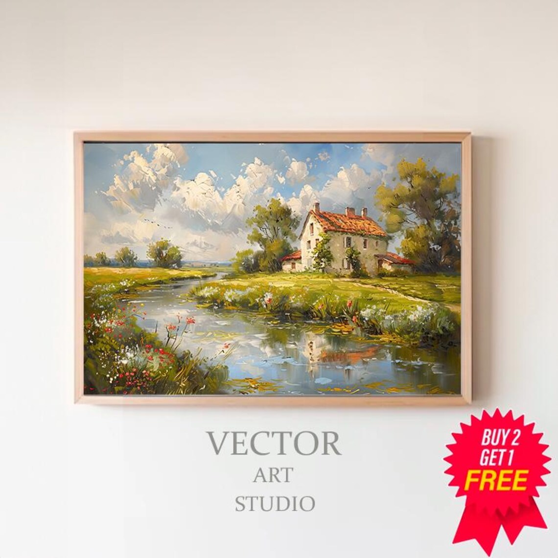 Countryside House With Red Roof By The River Oil Painting Poster