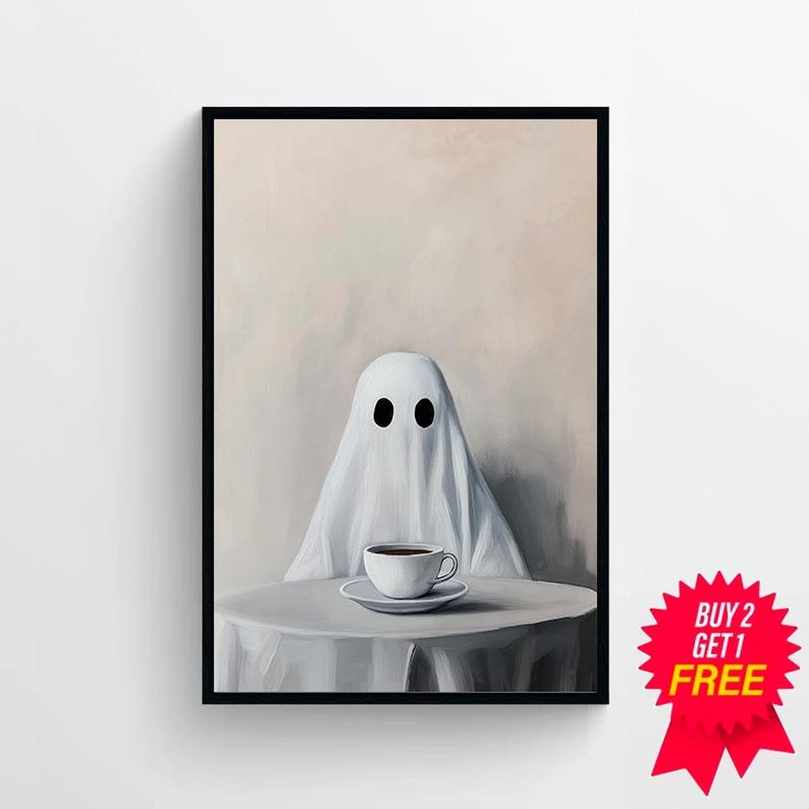 Whimsical Ghost With Coffee Cup Vintage Halloween Style Poster - Image 4
