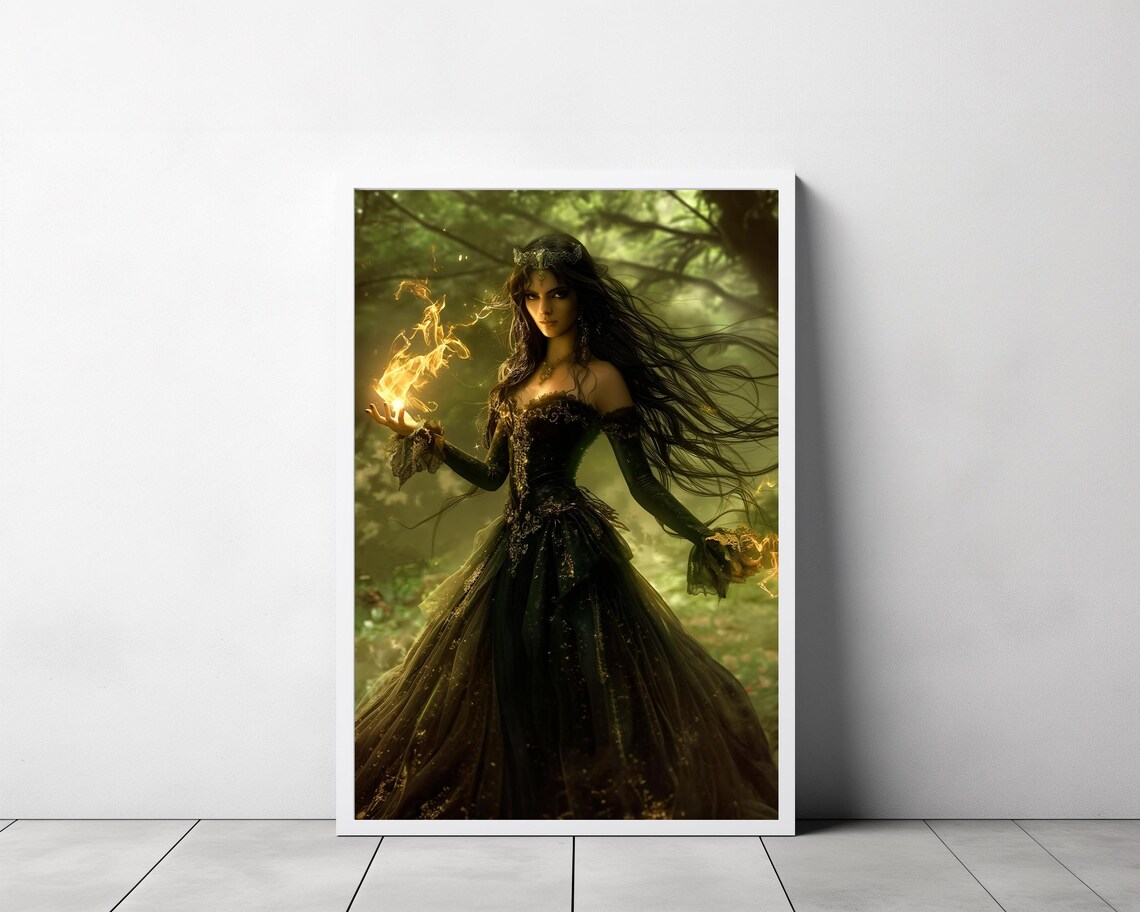 Dark Enchantress Holding Fire In Enchanted Forest Fantasy Poster - Image 3
