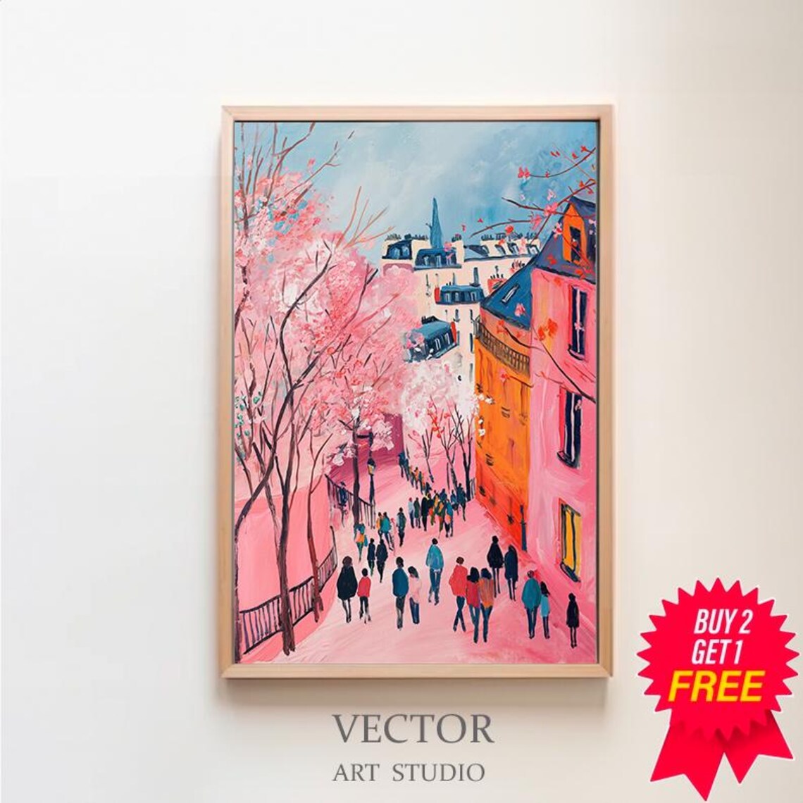 Cherry Blossom Paris Street in Spring Cityscape Painting Poster
