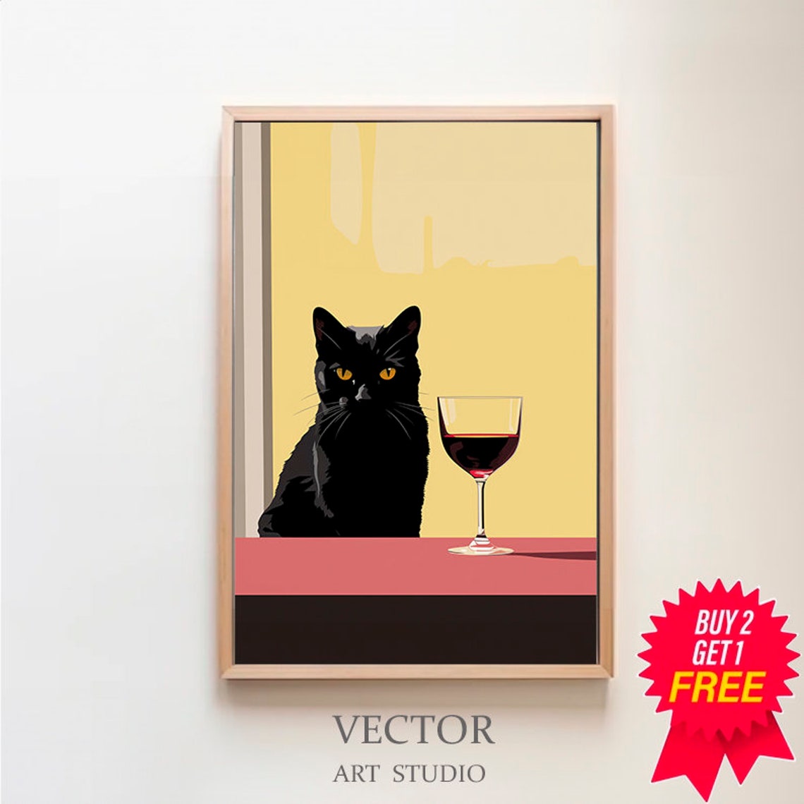 Black Cat Red Wine Glass Minimal Geometric Modern Fun Art Poster