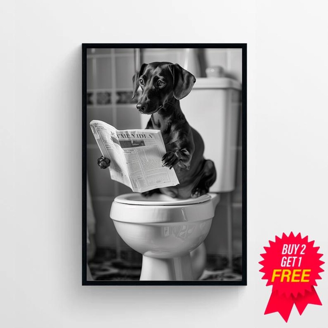 Dachshund Reading The Newspaper On The Toilet Funny B&W Poster - Image 4