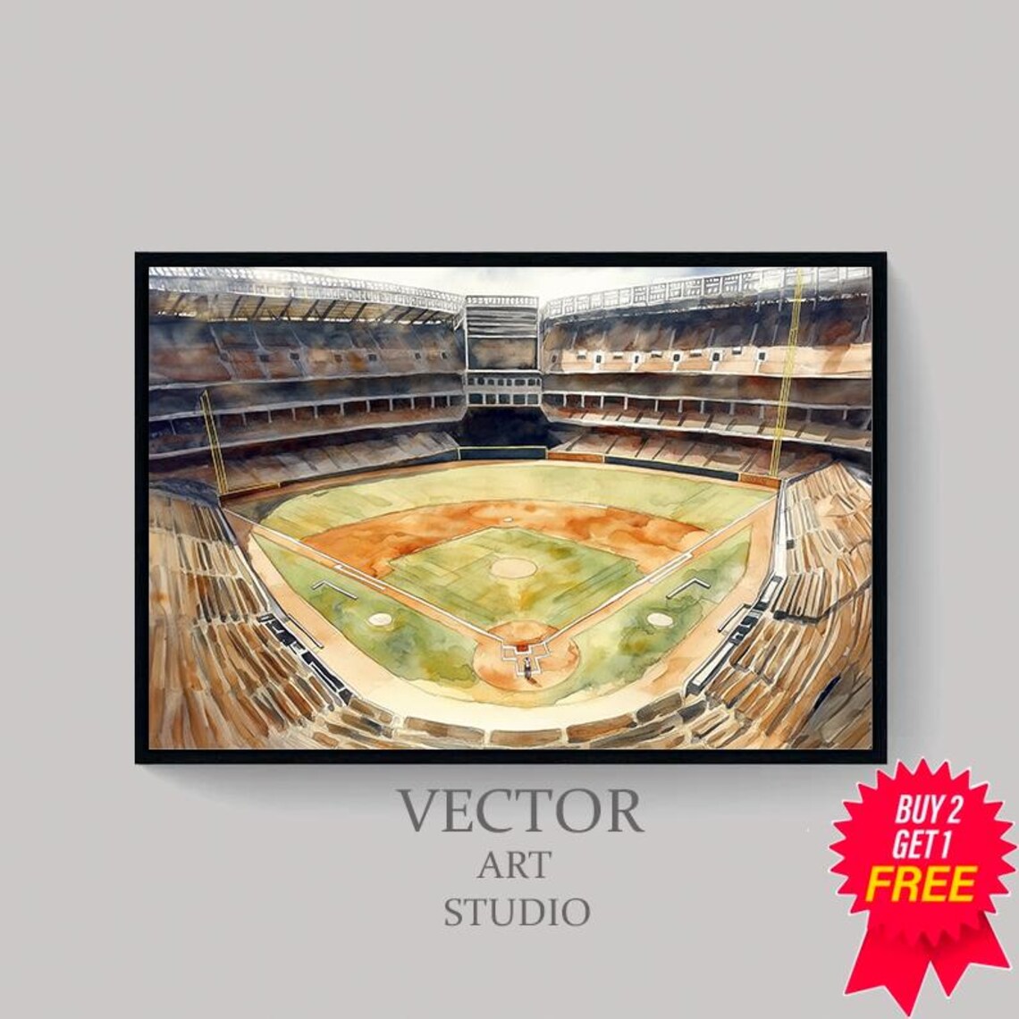 Watercolor Aerial View of an Empty Baseball Stadium Scene Poster - Image 4
