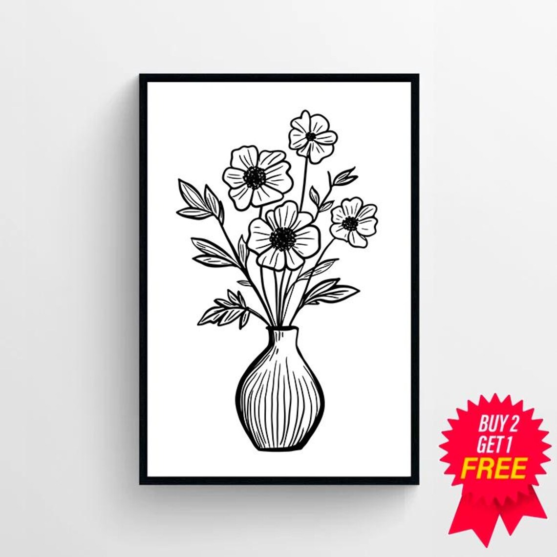 Minimalist Flower Line Drawing in a Round Ribbed Vase Poster - Image 4