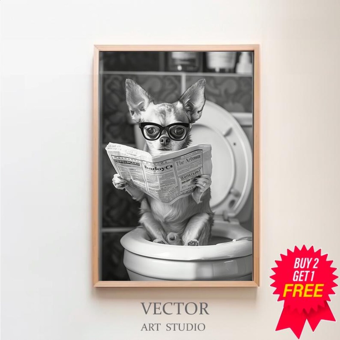 Funny Chihuahua With Glasses Reading Newspaper On Toilet Poster