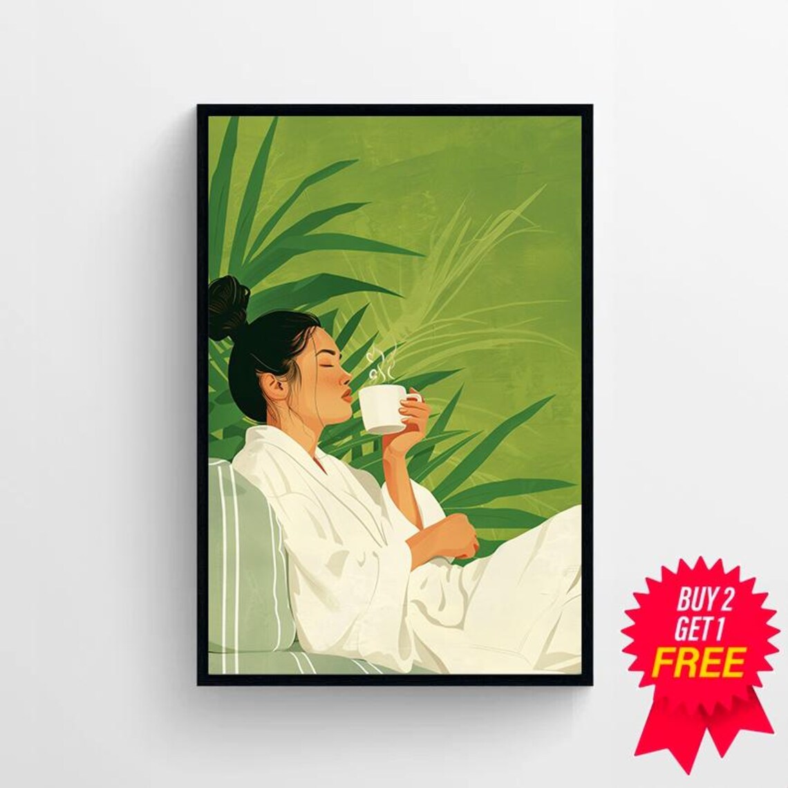 Emerald Green Abstract People Large Wall Art Contemporary Artwork Minimalist Print Coffee Lover Wall Art Stripe Woman Print - Image 4