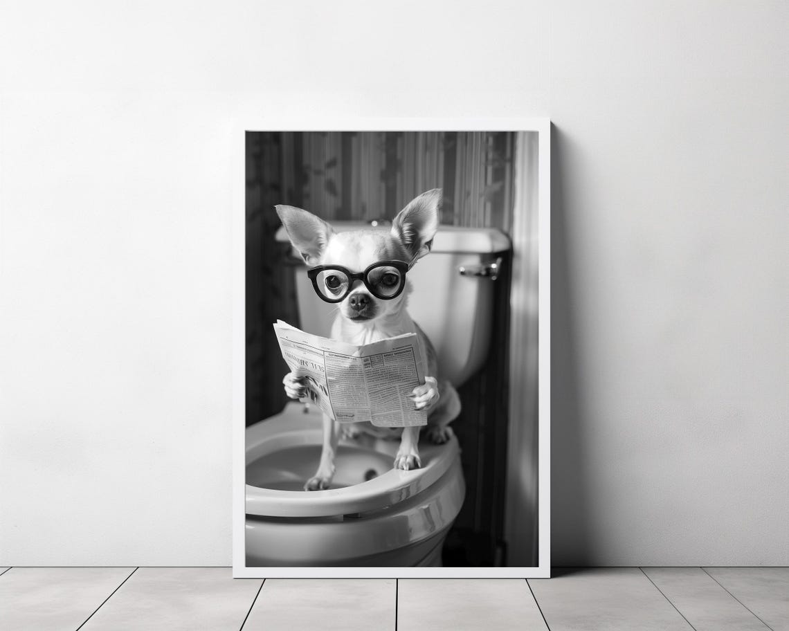 Chihuahua with Glasses Reading Newspaper on Toilet Funny Poster - Image 3