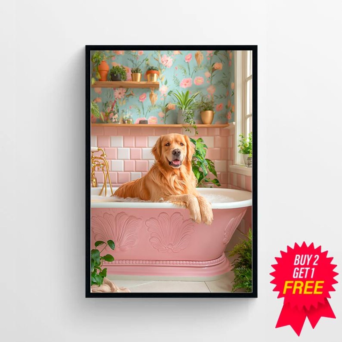 Golden Retriever Bubble Bath in a Pink Floral Bathroom Art Poster - Image 4