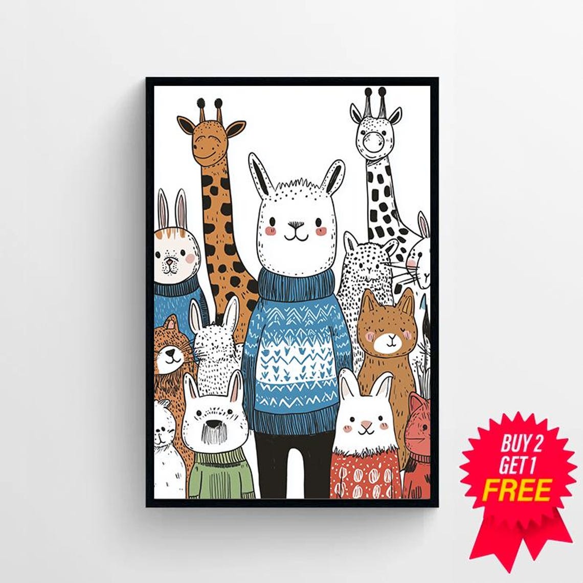 Smiling Cartoon Animals in Cozy Knitted Sweaters Kids Nursery Poster - Image 4