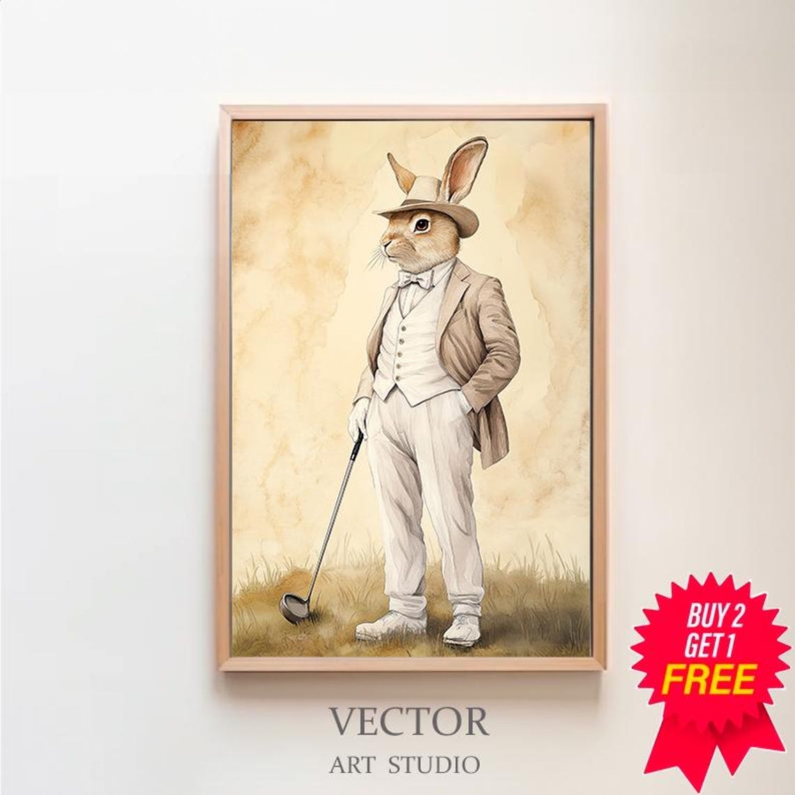 Dapper Rabbit Gentleman in a Suit Holding a Golf Club Poster