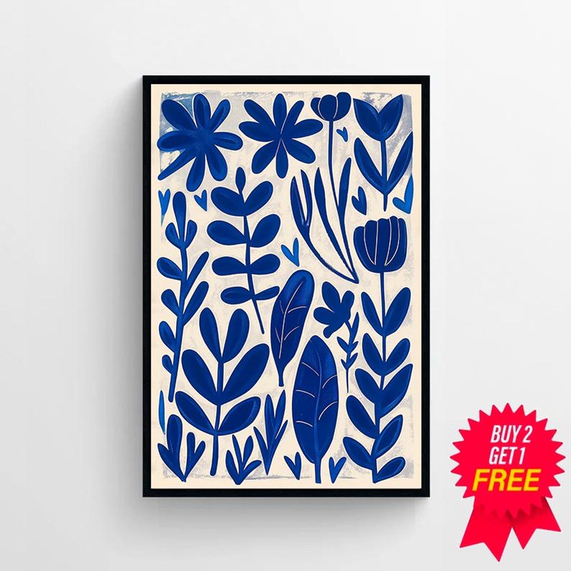 Bold Modern Matisse Style Blue Botanical Folk Flowers Wall Art - Image 4