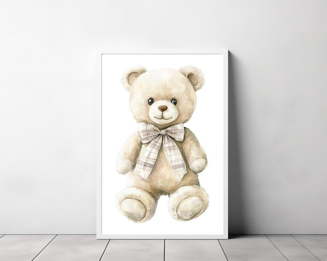 Teddy Bear Wearing A Plaid Bow Tie Nursery Watercolor Poster - Image 3
